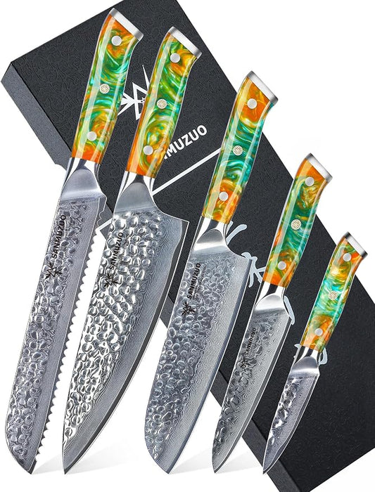 Kitchen Cooking Knife Set - 5 Pieces Chef Knives- Forged Damascus Steel & Resin Handle - Yao Series