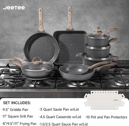 JEETEE Pots and Pans Set Non Stick 23pcs, Healthy Kitchen Cookware Sets, Induction Cooking Set W/Gray Frying Pans, Saucepans, Sauté & Griddle & Crepe Pan (PFOA, PFAS Free)