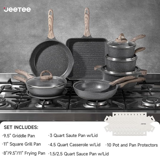 JEETEE Pots and Pans Set Non Stick 23pcs, Healthy Kitchen Cookware Sets, Induction Cooking Set W/Gray Frying Pans, Saucepans, Sauté & Griddle & Crepe Pan (PFOA, PFAS Free)
