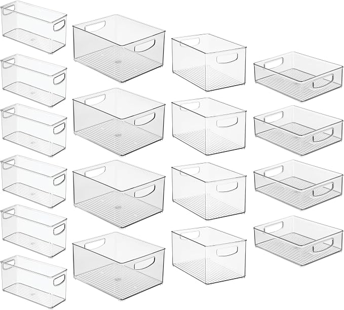 iDesign Stackable Plastic Handle Bin Assortment Set - Storage Organizers for Kitchen, Fridge, Pantry, Home -18 Pack, Clear | Cabinet Organization, Container, BPA-Free
