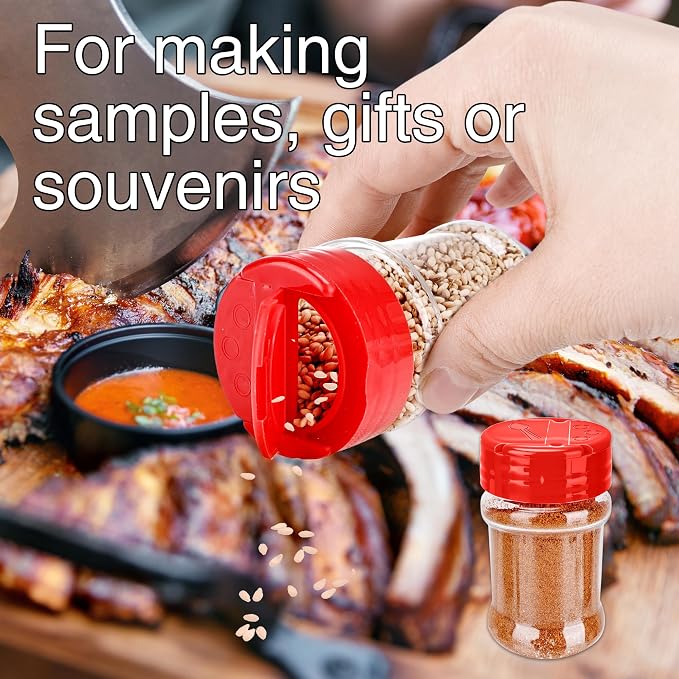 30 Pcs 2 oz Mini Plastic Spice Jars with Sifters Clear Empty Spice Bottles Round Seasoning Containers for Travel Kitchen (Red Top with 2 Side Hole)
