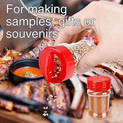 30 Pcs 2 oz Mini Plastic Spice Jars with Sifters Clear Empty Spice Bottles Round Seasoning Containers for Travel Kitchen (Red Top with 2 Side Hole)