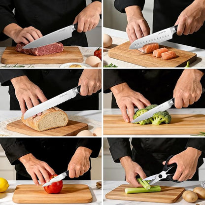 7 Piece Kitchen Knife Block Set, Stainless Steel Knives with Sharpener for Chopping, Dishwasher Safe (Black)