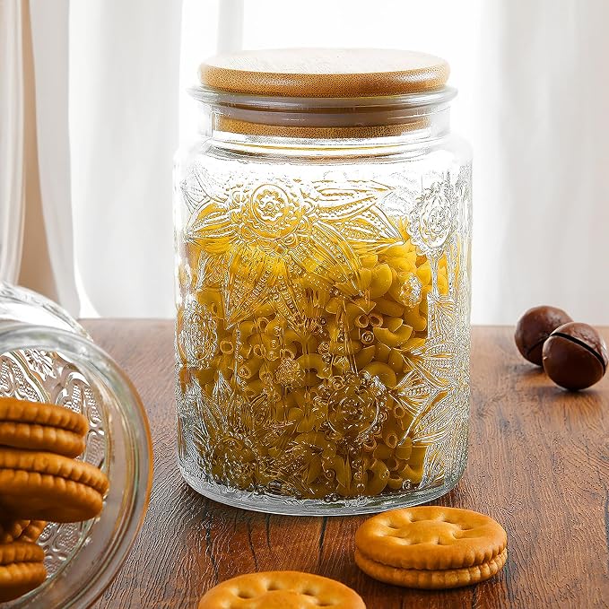 Custde Vintage Glass Jar with Bamboo Lid, 23.7 FL oz - Airtight Decorative Food Storage Canisters for Kitchen Counter, Ideal for Candy, Sugar, Coffee, Cookies (Sunflower*2)