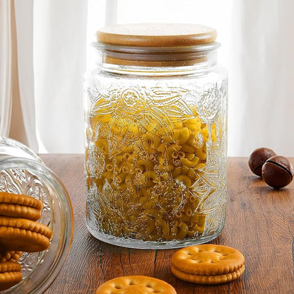 Custde Vintage Glass Jar with Bamboo Lid, 23.7 FL oz - Airtight Decorative Food Storage Canisters for Kitchen Counter, Ideal for Candy, Sugar, Coffee, Cookies (Sunflower*2)