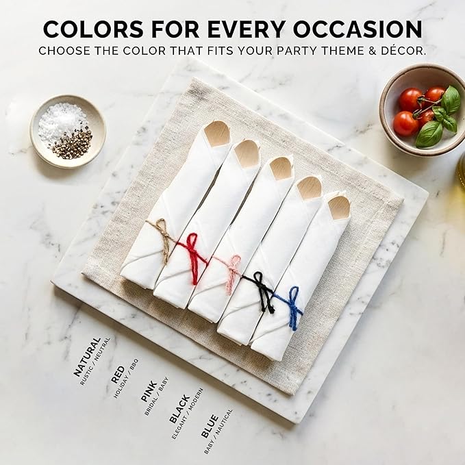 Black Bamboo Silverware Set 150 Pack, Prerolled Cutlery with Black String Napkin Bundle, Disposable Bamboo Utensils for Catering, Large Events and Weddings (Fork Knife Spoon)