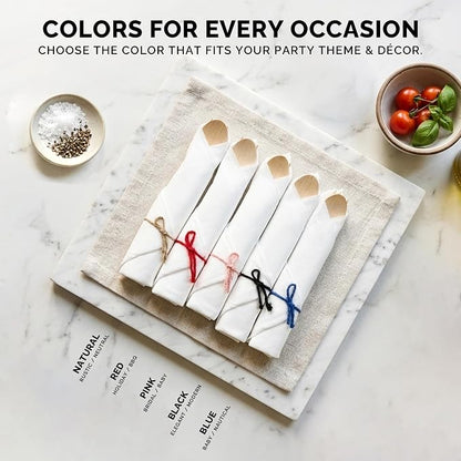 Prerolled Disposable Bamboo Cutlery Set – 50 Pack Pre Wrapped Silverware and Napkin Bundle with Forks, Knives, Spoons for Parties, Weddings, Events, and BBQ (Pink String)