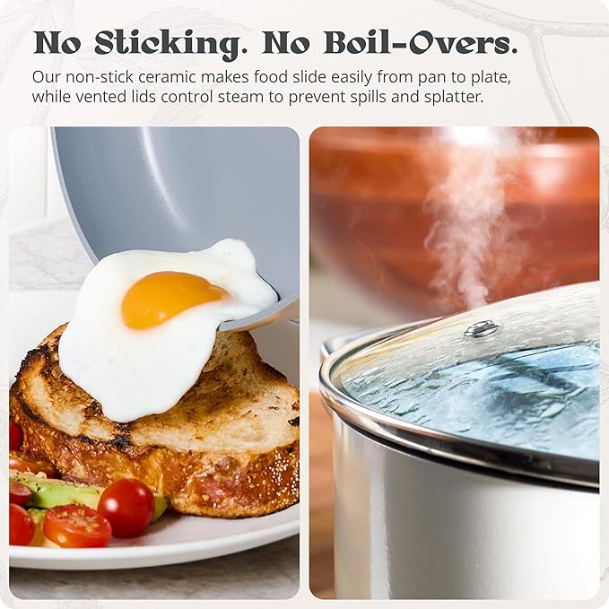 Premium Non-Toxic Ceramic Cookware Set – Triple-Layer Nonstick 12 Piece Pots and Pans with Lids, PFAS-Free, Oven Safe for Healthy Meals, Space-Saving Design, Birch White Color | Greater Goods