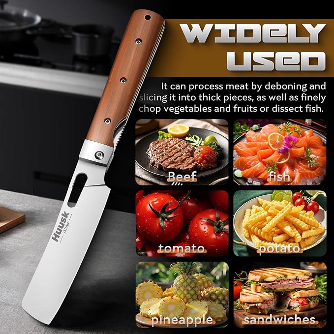 Huusk Folding Chef Knife Set - Including Nakiri, Santoku, Bread and Fruit Knives - EDC Kitchen Knife Set with 440C Stainless Steel Ultra Sharp Blade - Japanese Pocket Knives - Gifts for Men and Women