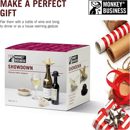 Monkey Business Showdown Silicone Wine Stoppers (Set of 3) – Fun selection of Cowboy Hats: Howdy, elCorko, & Bowler | Food-Grade, Leakproof Novelty Gifts for Wine Lovers