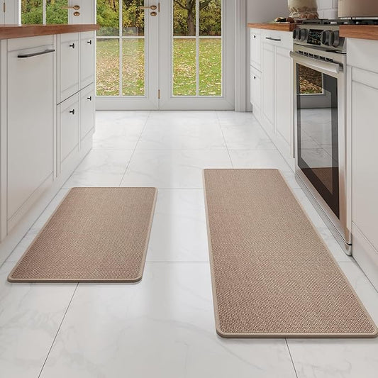 YDKGL Kitchen mats for Floor Water and Oil Absorbent Runner Rugs for Kitchen, Kitchen Mat in Front of Sink,Non-Slip Kitchen Rugs,Durable Imitation Linen Kitchen Rug Brown 17x30+17x47