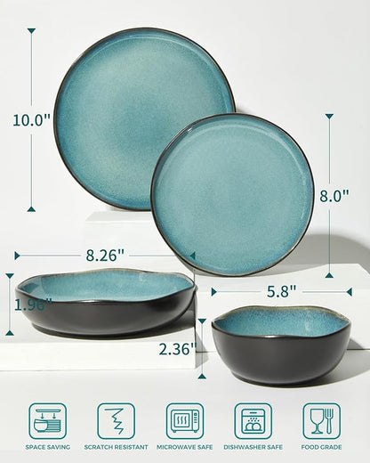 Pokini Plates and Bowls Sets, 16 Pieces Dinnerware Set for 4 with Pasta Bowls, Handmade Dishes Set, Chip Resistant Dishware Sets, Microwave Safe Dinner Set, Designed for Interactive Meals, Green Black