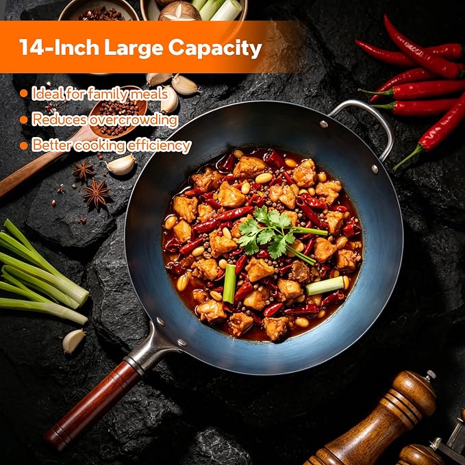 14 Inch Carbon Steel Wok with Lid, Round Bottom Wok Pan, Blue Pre-Seasoned Chinese Stir Fry Pan for Open Flame Cooking, Large Traditional Pow Wok for BBQ, Grill, Camping, Home Cooking