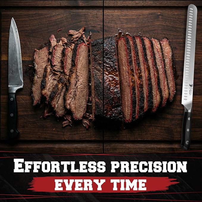 Kitchen perfection 12” Brisket Knife for Carving & Slicing Meat - Ultra Sharp Premium German Steel Granton Edge with Sheath, Full Tang Ergonomic Handle.For BBQ, Turkey & Ribs- Grilling Gifts for Men