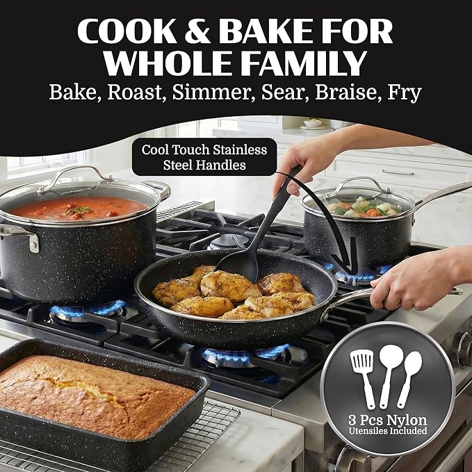 20 Piece Pots and Pans Set Nonstick - Granitestone Ceramic Cookware Set, Diamond Reinforced, Non Toxic PFOA PFOS PFAS Free, Bakeware Steamer & Utensils, Oven Safe to 500°F, Dishwasher Safe, Black