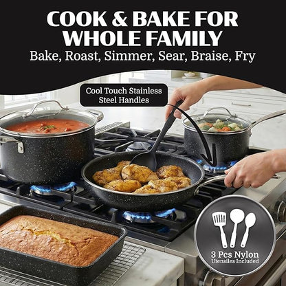 20 Piece Pots and Pans Set Nonstick - Granitestone Ceramic Cookware Set, Diamond Reinforced, Non Toxic PFOA PFOS PFAS Free, Bakeware Steamer & Utensils, Oven Safe to 500°F, Dishwasher Safe, Black