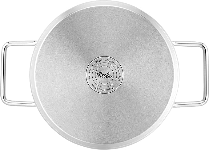 Fissler Pure Collection 6-Piece Stainless Steel Saucepan Set with Metal Lids (3 Saucepans, 1 Stewing Pan 1 Saucepan 1 Stainless Steel Care) - Induction, Silver