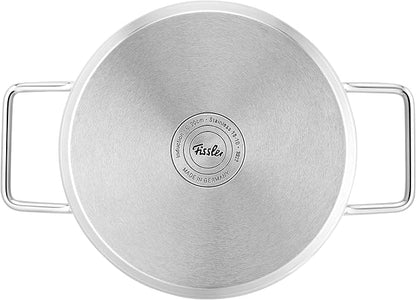 Fissler Pure Collection 6-Piece Stainless Steel Saucepan Set with Metal Lids (3 Saucepans, 1 Stewing Pan 1 Saucepan 1 Stainless Steel Care) - Induction, Silver