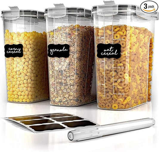 Simply Gourmet Airtight Cereal Containers with Lids – 3 Piece Tall Kitchen Pantry Organization Set, BPA-Free Clear Plastic, Pour Spout Lids for Breakfast Cereal, Rice, Flour, Sugar, Snacks