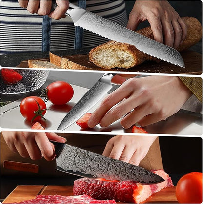 Damascus Kitchen Knife Set，3PCS Japanese Knife,High Carbon Steel Core, Ergonomic Resin Handle,Holiday Gifts,New Home Essentials, Apartment Essentials, Dishwasher Safe