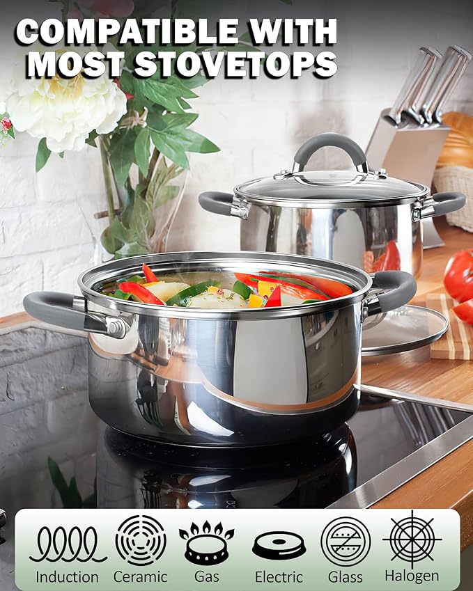 Cook N Home Basics Stainless Steel Cookware Sets, Pots and Pans Set with Stay-Cool Handle, Induction Compatible, Dishwasher and Oven Safe, 12-Piece