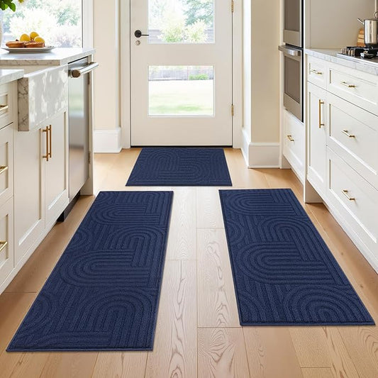 U'Artlines Kitchen Rugs and Mats Set of 3, Non Skid Washable Blue Geometric Kitchen Mats for Floor, Absorbent and Stain Resistant Floor Mat for Laundry, Sink Decor 20x32+20x48+20x59