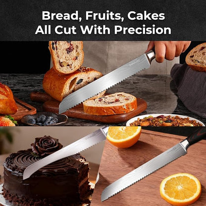 DiiHAUZZ Bread Knife, 10 Inch High Carbon Steel Blade, Pakkawood Handle | Ultra Sharp Serrated Edge, Ergonomic Handle, Roll Forged, Homemade Bread Loaf Bagel Cutter, Sourdough Slicer, Gift Box