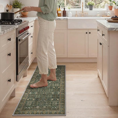 GENIMO Kitchen Rugs Non Slip Washable, 2PCS Kitchen Mats for Floor, Cushioned Standing Mat, Kitchen Runner Rug Floor Mat for Kitchen Decor, Laundry, Sink, Home, 20"x32"+20"x48", Dark Green/Multi