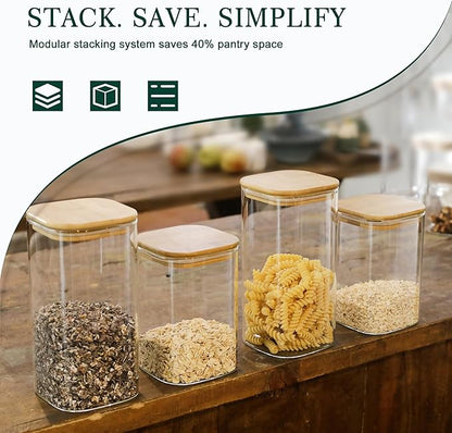 LIBWYS 8-Pack Glass Pantry Storage Containers with Bamboo Lids (1.22Qt/1.67Qt) - Stackable Square Food Jars for Pantry Organization, Coffee, Flour, Snacks, Tea | Kitchen Canisters Set