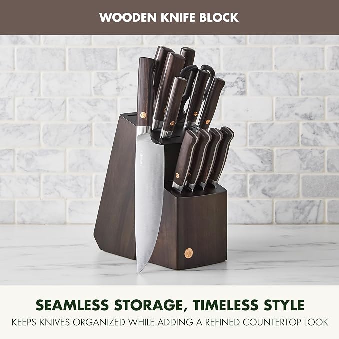 GreenPan Elite 13 Piece Wooden Knife Block Set, Professional Stainless Steel Blades with Titanium Coating, Ultra-Sharp Kitchen Cutlery, Chef, Santoku, Bread & Steak Knives, Ergonomic Brown Wood Handle