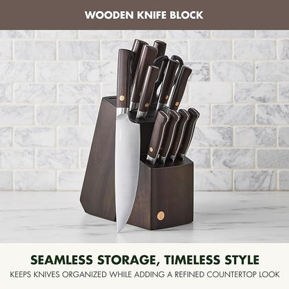 GreenPan Elite 13 Piece Wooden Knife Block Set, Professional Stainless Steel Blades with Titanium Coating, Ultra-Sharp Kitchen Cutlery, Chef, Santoku, Bread & Steak Knives, Ergonomic Brown Wood Handle