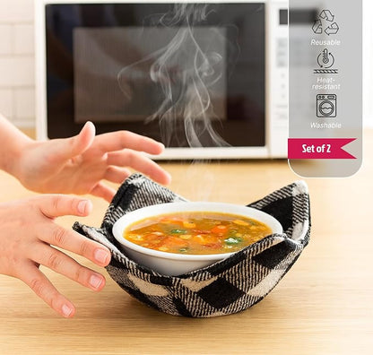 Set of 2 Microwave Bowl Cloth Hot Pads with Black and White in A Cage - Pot Holder or Microwavable Bowl Cozies - Protector for Heat Soup or Food Meals - Multipurpose Heat Resistant Plate Holders