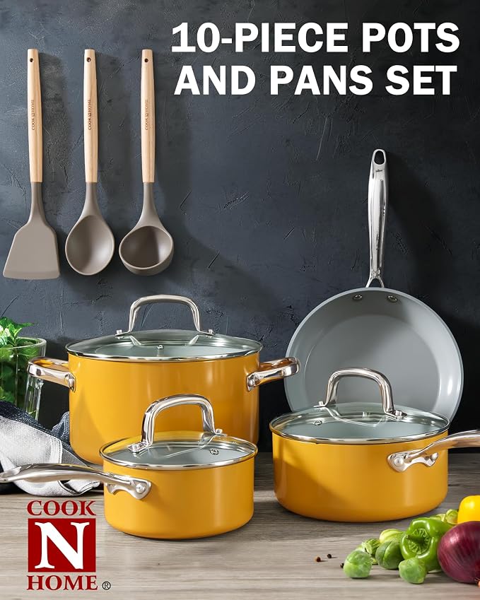 Cook N Home Classic Nonstick Cookware Set, Pots and Pans Cookware Set with Glass Lids and Comfortable Handles, Induction Compatible, 10-Piece, Yellow