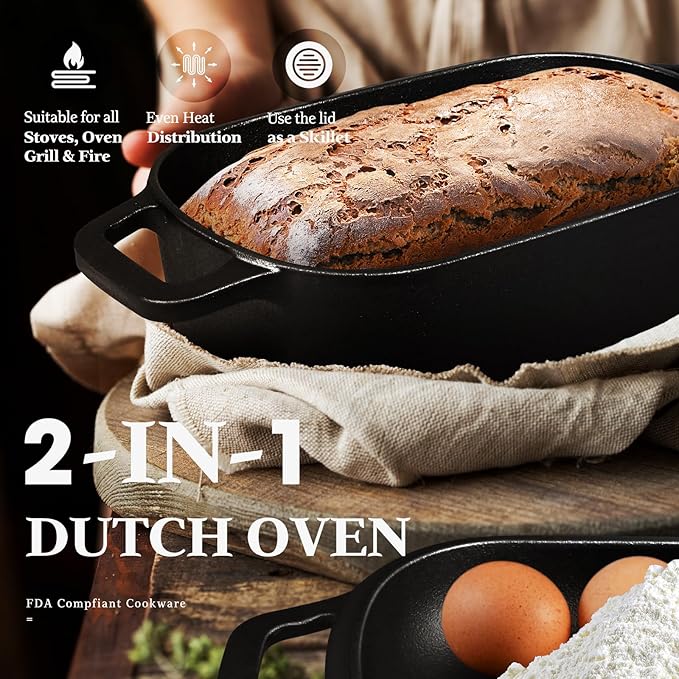 Cast Iron Sourdough Loaf Pan with Lid, Oval Dutch Oven for Bread Baking, Pre-Seasoned Sourdough Baking Supplies Kit, Cast Iron Dutch Oven for Homemade Bread, Sourdough Bread Pan