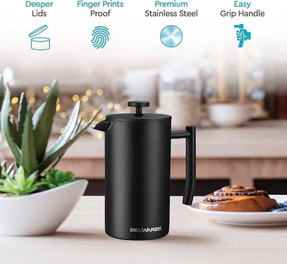 Belwares French Press Coffee Maker 34 Oz - Insulated Coffee Press Stainless Steel 304 - Double Wall & 4 Level Filtration System (1 Liter) - Black