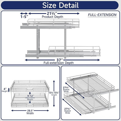 2-Tier Pull Out Cabinet Organizer, 28.5" W x 21.5" D, Heavy Duty Dual Slide Out Shelves for Wide Base Cabinets, Chrome Wire Basket Drawer for Pots, Pans, Pantry & Cleaning Supplies