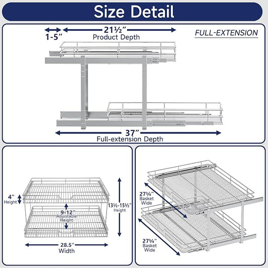 2-Tier Pull Out Cabinet Organizer, 28.5" W x 21.5" D, Heavy Duty Dual Slide Out Shelves for Wide Base Cabinets, Chrome Wire Basket Drawer for Pots, Pans, Pantry & Cleaning Supplies