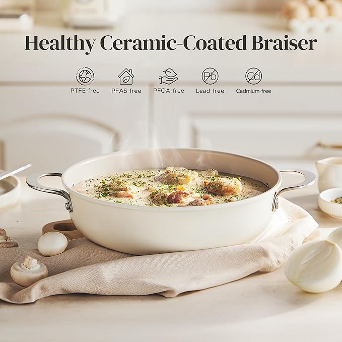 Redchef Ceramic Stock Pot, 4 QT Soup Pot with lid, Induction Stockpot Cooking Pot for All Stoves, Braiser Nonstick Rondeau Pot, Even Heating, Stay Cool Handle, Oven/Dishwasher Safe, PFAS Free (Beige)
