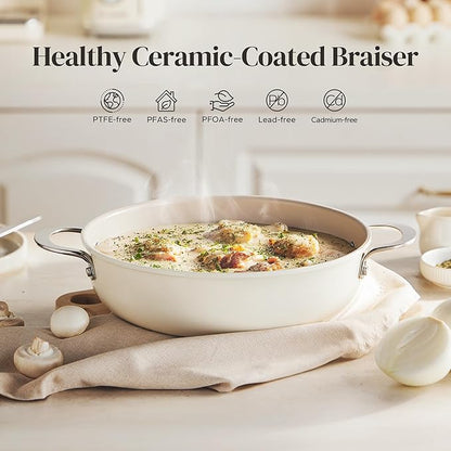 Redchef Ceramic Stock Pot, 4 QT Soup Pot with lid, Induction Stockpot Cooking Pot for All Stoves, Braiser Nonstick Rondeau Pot, Even Heating, Stay Cool Handle, Oven/Dishwasher Safe, PFAS Free (Beige)