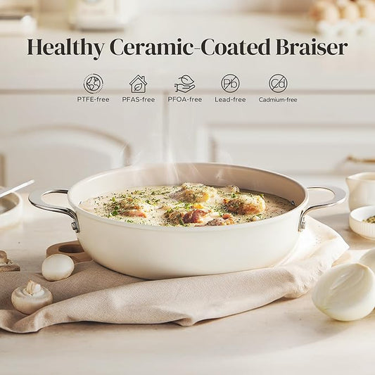 Redchef Ceramic Stock Pot, 4 QT Soup Pot with lid, Induction Stockpot Cooking Pot for All Stoves, Braiser Nonstick Rondeau Pot, Even Heating, Stay Cool Handle, Oven/Dishwasher Safe, PFAS Free (Beige)