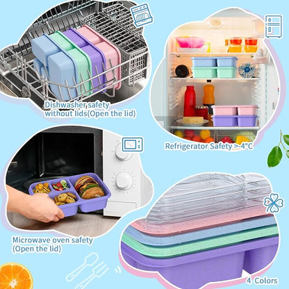 Bento Box 4-Pack 5-Compartment Meal Prep Containers, BPA-Free Plastic, Stackable Food Storage Lunch Boxes for Adults and Kids, School Work Travel (4 Colors)