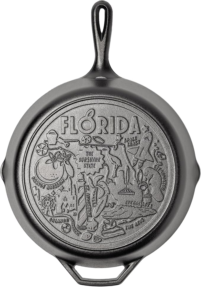 Lodge 12 Inch Cast Iron Skillet – Pre-Seasoned Frying Pan with Teardrop Handle – Oven, Stovetop, Grill & Campfire Use – Made in USA – Non-Toxic, Even-Heating Cookware – Florida