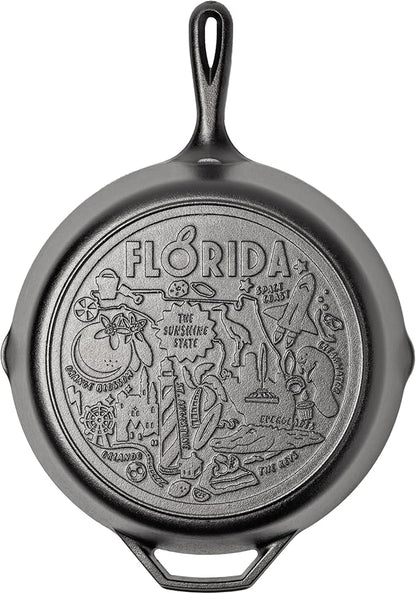 Lodge 12 Inch Cast Iron Skillet – Pre-Seasoned Frying Pan with Teardrop Handle – Oven, Stovetop, Grill & Campfire Use – Made in USA – Non-Toxic, Even-Heating Cookware – Florida