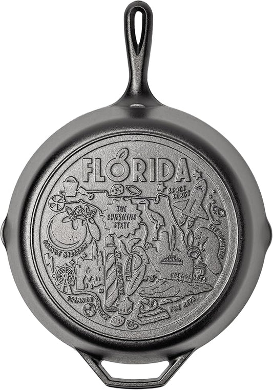 Lodge 12 Inch Cast Iron Skillet – Pre-Seasoned Frying Pan with Teardrop Handle – Oven, Stovetop, Grill & Campfire Use – Made in USA – Non-Toxic, Even-Heating Cookware – Florida