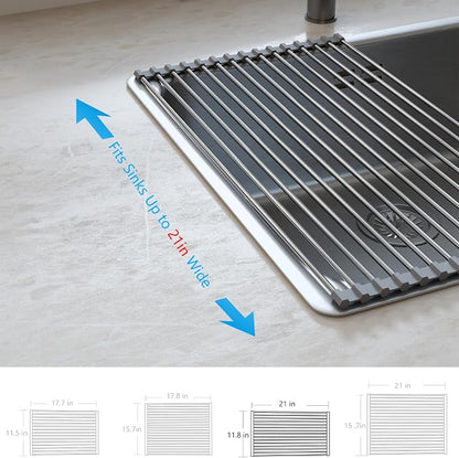 Tomorotec Roll Up Dish Drying Rack Over the Sink Grey Large Dish Drying Rack Rolling Foldable Collapsible SUS304 Stainless Steel Multipurpose Dish Drainer for Kitchen Counter (21”x11.8”)