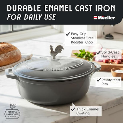 MUELLER HOME 5.5 Quart Enameled Cast Iron Oval Dutch Oven with Rooster Knob & Cotton Potholders, Heavy-Duty Cookware, Oven-Safe up to 500° F & Across All Cooktops, Gifts for Grandma & Women, Gray
