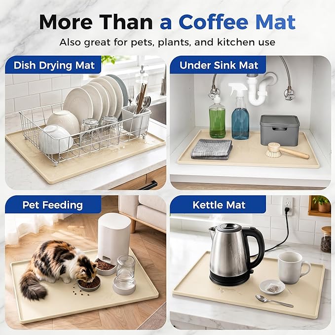 Golener Silicone Coffee Mat - 24" x 16" Coffee Bar Mat for Countertop with Raised Edges, Kitchen Station Pad, Accessories Fit Under Coffee Machine, Waterproof Dish Drying Mat, Heat Resistant, Beige