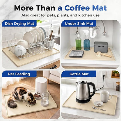 Golener Silicone Coffee Mat - 24" x 16" Coffee Bar Mat for Countertop with Raised Edges, Kitchen Station Pad, Accessories Fit Under Coffee Machine, Waterproof Dish Drying Mat, Heat Resistant, Beige