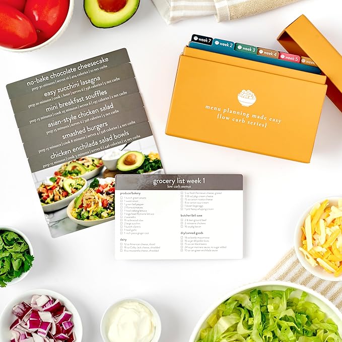 PPP Meal Planner 72 Recipe Cards (Low Carb Menu - Photo Edition) - Weekly Menu Planner | Sturdy Recipe Box | 12 Reusable Grocery Lists | 5 Blank Recipe Cards | Recipe Card Protector | Recipe Ideas