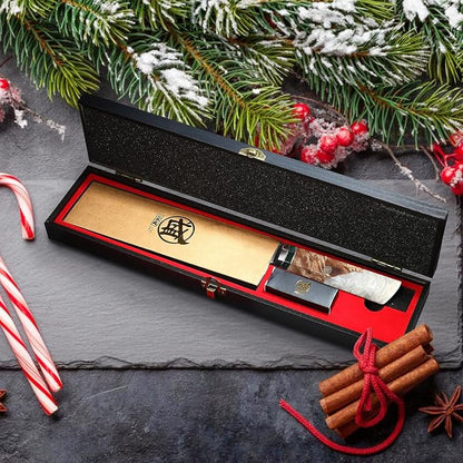 MITSUMOTO SAKARI 8-Inch Kiritsuke Chef Knife, 440C Damascus, White Handle | Angled tip and long flat edge for meat, fish and vegetables, 440C Damascus, white pomegranate handle, sandalwood box